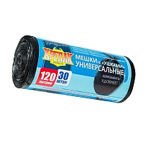 Мешки для мусора 120 л, с ушками, черные, в рулоне 30 шт., ПНД, 15 мкм, 1100х700 мм, Крепак, 4607075710375 в Уфе